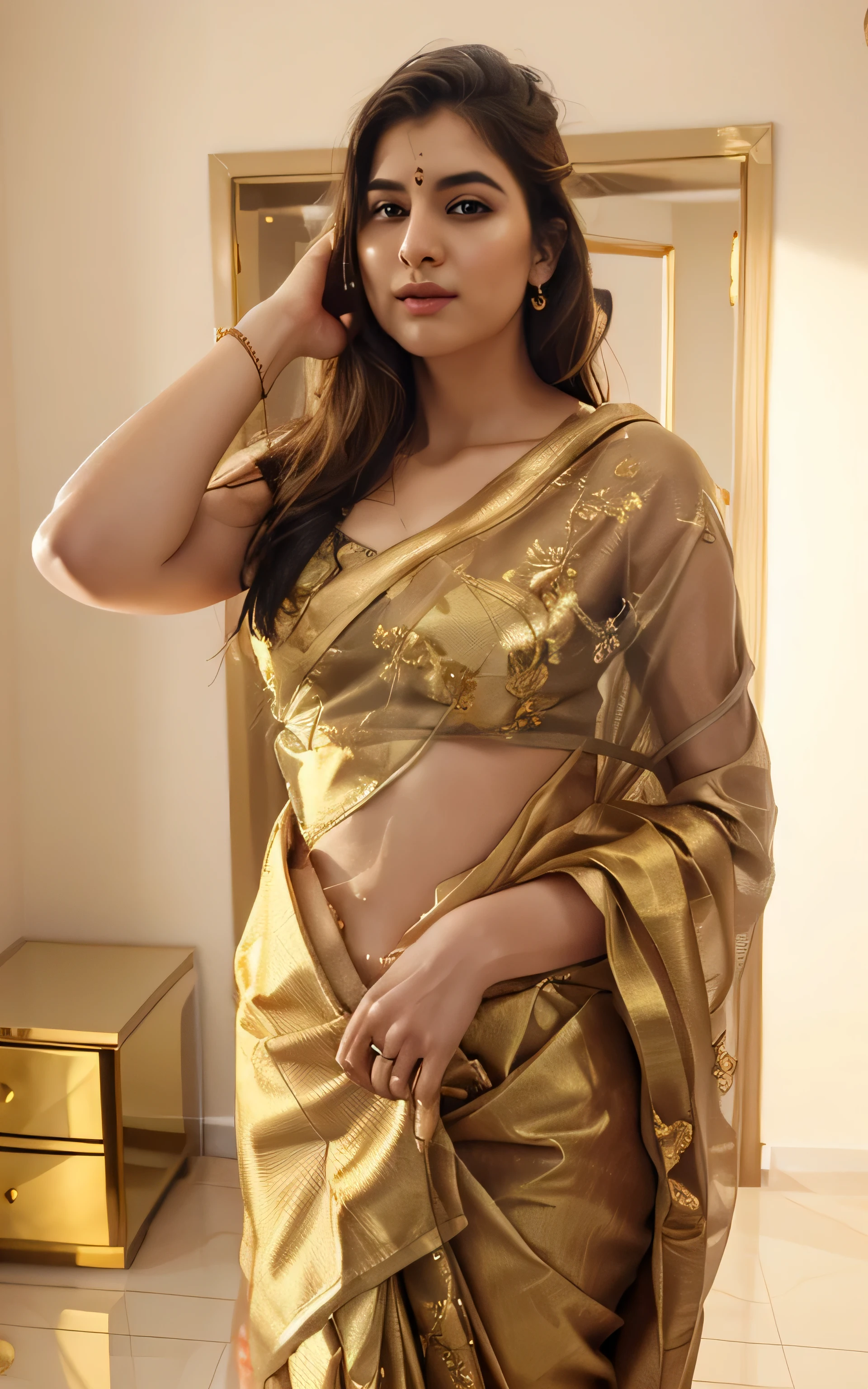 Golden Color saree , Pale skin , real, clevage visible