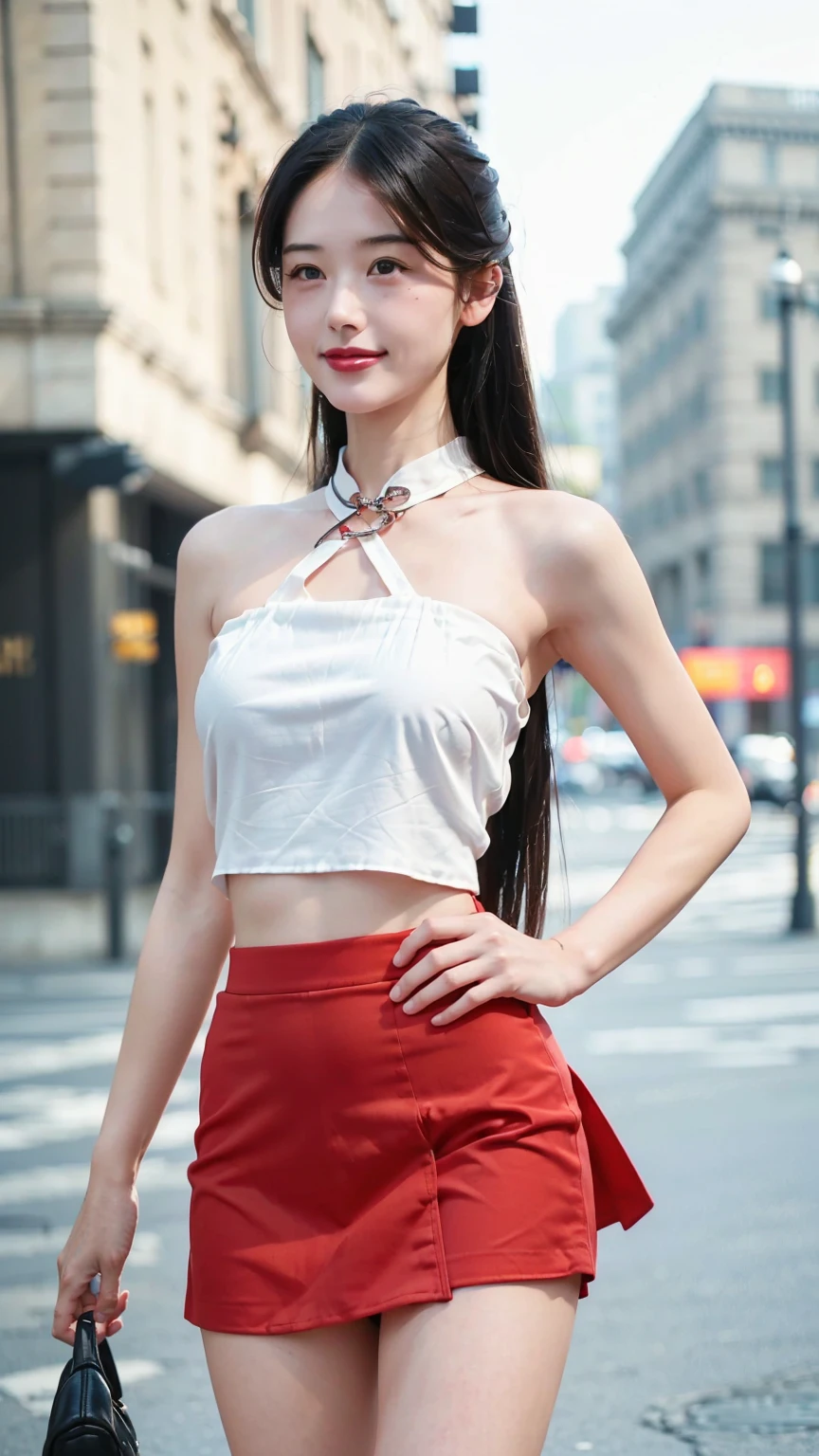 ((Realistic photo, Best quality, 8K, Masterpiece: 1.3)), (raw photo:1.2), Hyperrealist portrait gorgeous Beautiful Chinese girl, ************, Perfect Figure, pretty body, (beautiful breasts: 1.2), very detailed eyes and face, (lustfully naughty face, crimson red lip, heavy makeup: 1.3, blushing), beautiful detailed eyes, seductive sharp eyes, (charming smile: 1.4), white skin, photo realistic, very detailed face, ((sexy bandeau top, modern skirt)), (long legs: 1.2, beautiful long nails), loose curls hairstyle, ((standing pose)), (modern city street background)