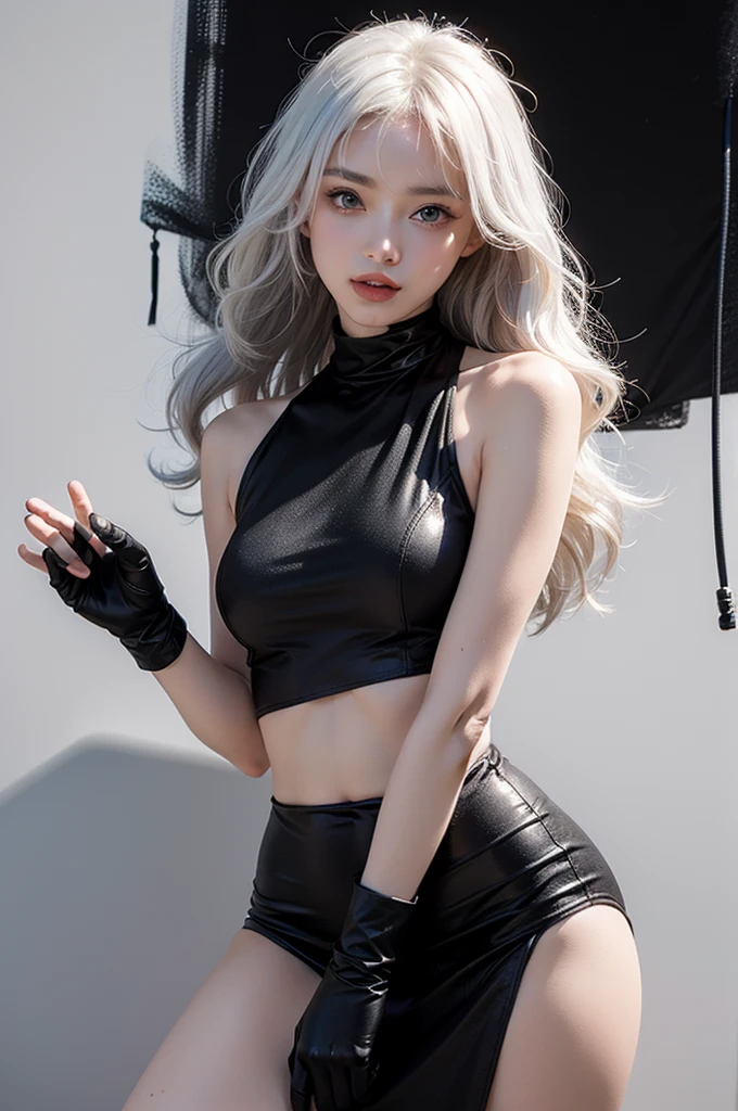 Light white hair, ocean eyes, black dress futuristic whit detailsdetails in white, vivid colors, paint splash, simple background, ray tracing, wavy hair with Chinese bangs, fingerless gloves, black leg warmers