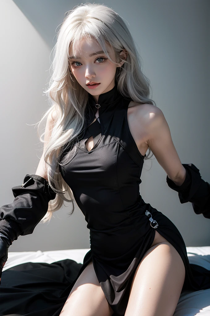 Light white hair, ocean eyes, black dress futuristic whit detailsdetails in white, vivid colors, paint splash, simple background, ray tracing, wavy hair with Chinese bangs, fingerless gloves, black leg warmers