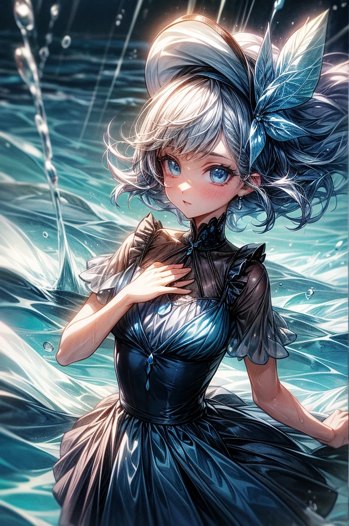 Girl, water, water, water drops, blue water dress