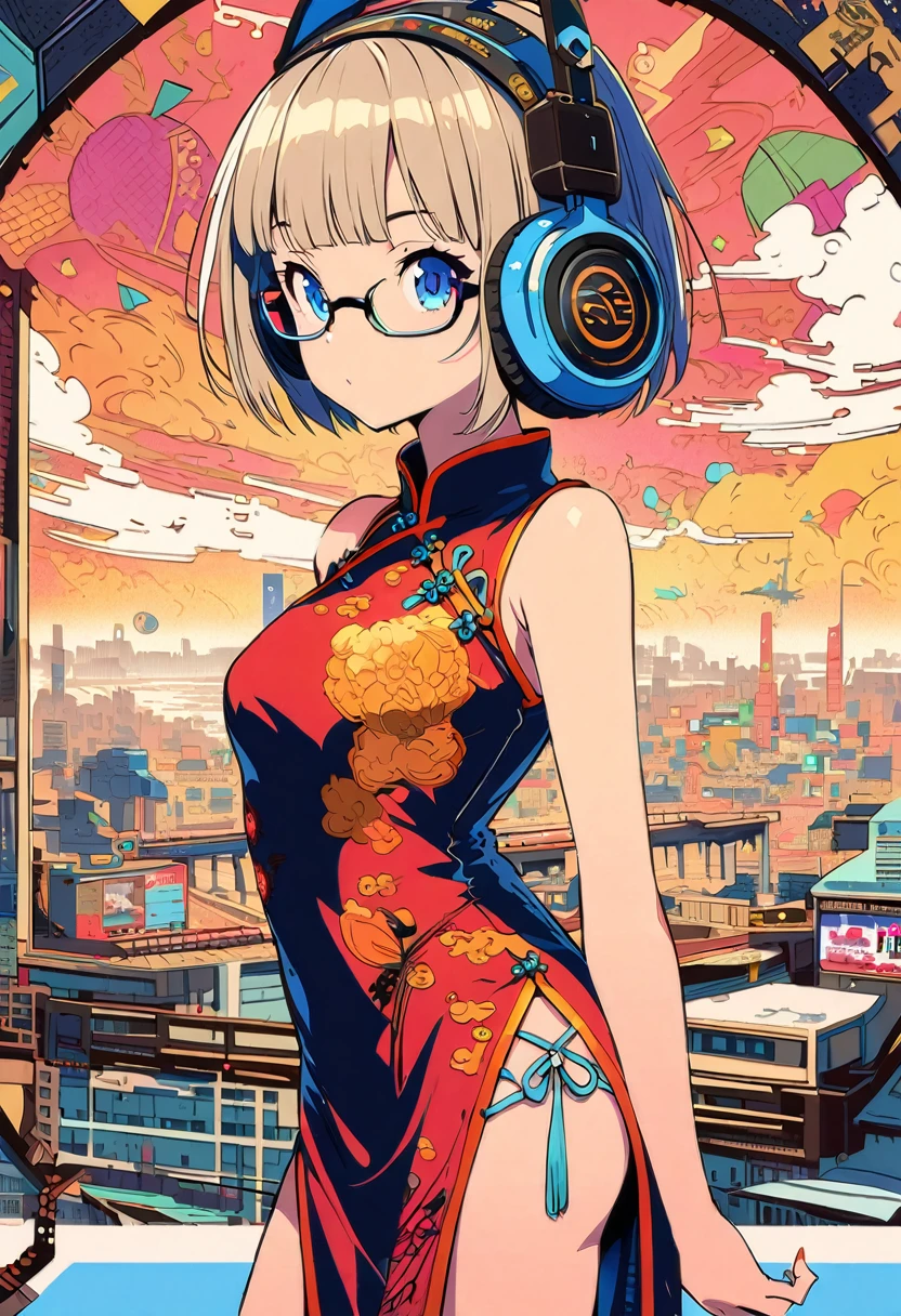 Modern anime, junk art, ultra-detailed illustrations, futuristic Chinese city, Chinese dress, headphones, yellow under-rim glasses, girl, short hair, bangs