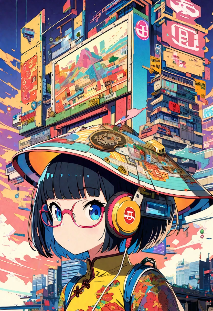 Modern anime, junk art, ultra-detailed illustrations, futuristic Chinese city, Chinese dress, headphones, yellow under-rim glasses, girl, short hair, bangs