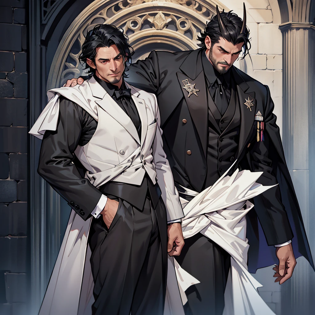 A 45 year old man, black hair, two gray horns, muscular, large, tall man, medieval period, wearing a suit, black suit, tuxedo, wearing a black tuxedo, medieval background, Ultra HD 4k, 4k, Ultra HD