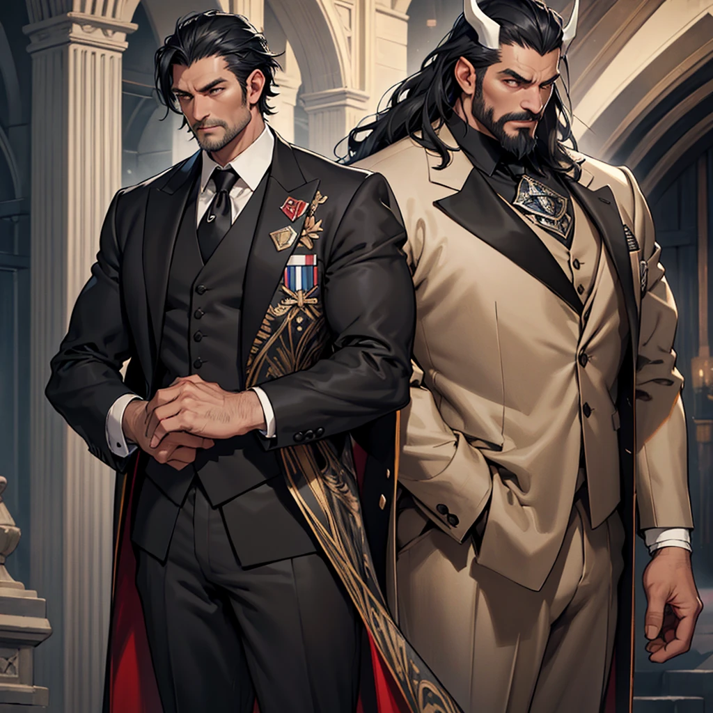 A 45 year old man, black hair, two gray horns, muscular, large, tall man, medieval period, wearing a suit, black suit, tuxedo, wearing a black tuxedo, medieval background, Ultra HD 4k, 4k, Ultra HD