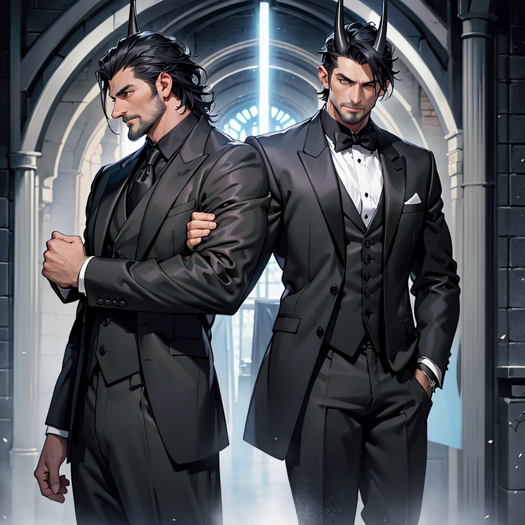 A 45 year old man, black hair, two gray horns, muscular, large, tall man, medieval period, wearing a suit, black suit, tuxedo, wearing a black tuxedo, medieval background, Ultra HD 4k, 4k, Ultra HD