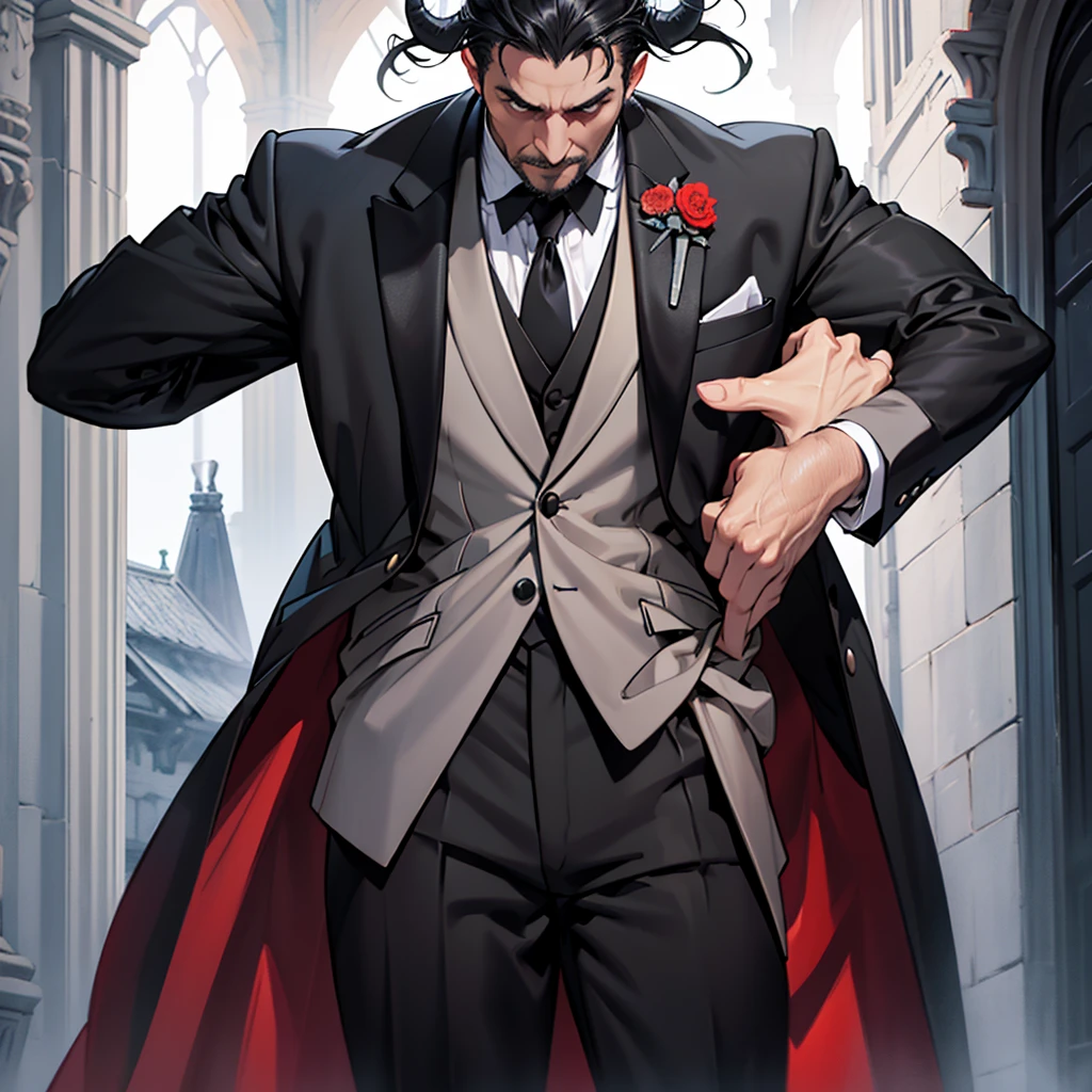 A 45 year old man, black hair, two gray horns, muscular, large, tall man, medieval period, wearing a suit, black suit, tuxedo, wearing a black tuxedo, medieval background, Ultra HD 4k, 4k, Ultra HD