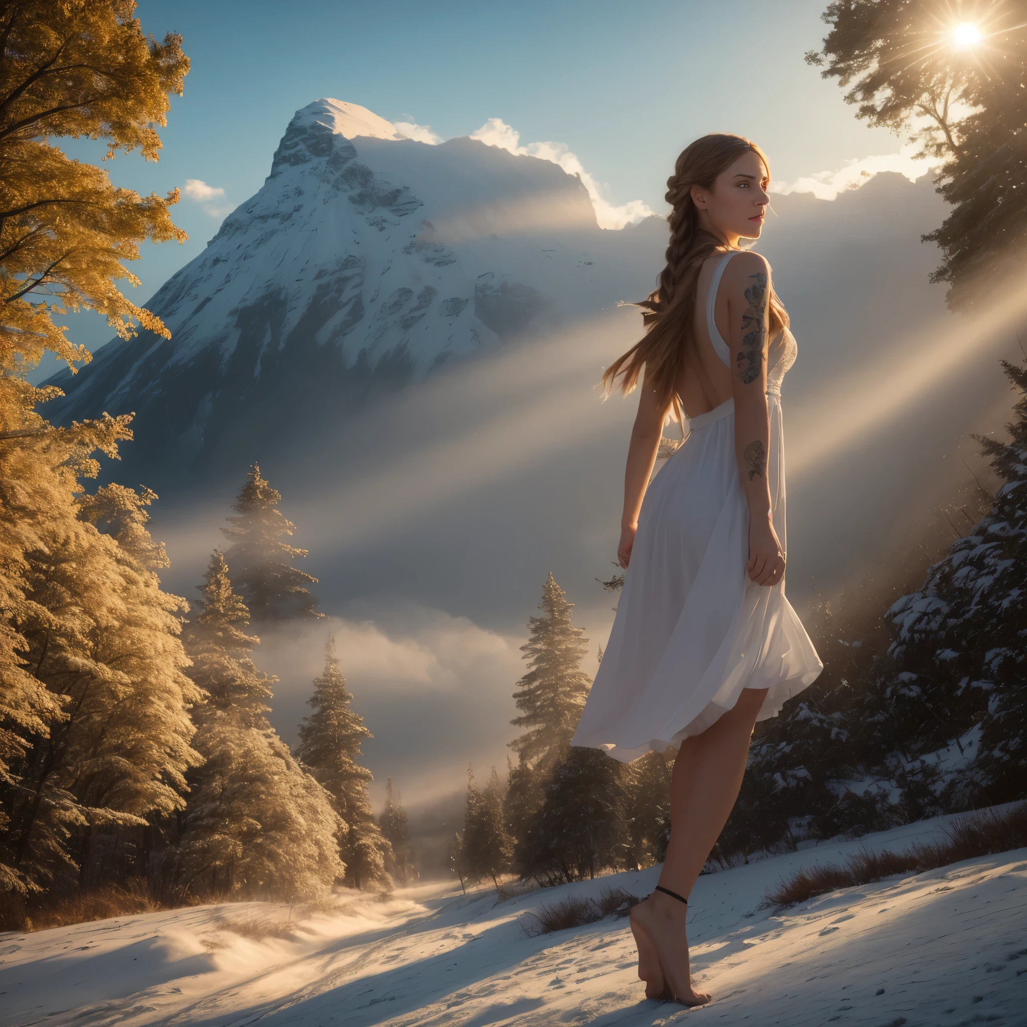(Goddess Swedish Queen og Winter, very long red braided hair with clear blue eyes wearing large white dress is dancing pirouetting and flying in the sky, tattoos on body, outdoor), high details, photorealistic. Dancing in the rain. Leaping and jumping. [8K, Best Quality, Masterpiece, Ultra High Resolution, (highly detailed CG unity 8k wallpaper), (best photo), (best shadows), isometric 3D, octane rendering, ray tracing, highly detailed, (wide panoramic view: 1.1), (Best quality, 4K, 8k, A high resolution, masterpiece:1.2), absurdity, masterpiece, ultra detailed, (realistic, photorealistic, photorealistic:1.37), complex parts, HDR, (complex parts:1.12), (hyper detailed, hyper realistic, Soft lighting, spicy:1.2), (complex parts, Hyper detailed:1.15). Blurred foreground. (backlit), realistic, masterpiece, high quality, brightness, chromatic aberration, by Jeremy Lipking, 8k uhd, some smoke, shadows, contrast, clear sky, (warm hue, warm tone), high details, natural reflections].