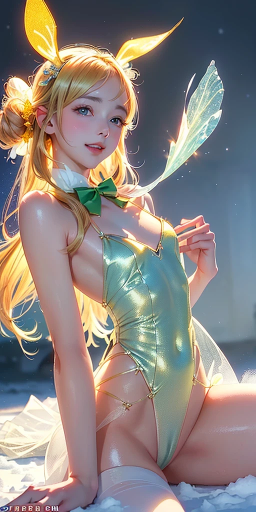 masterpiece, best quality, extremely detailed CG unity 8k wallpaper,((Upper Body)) ,((Upper Body head close-up shot of a beautiful li girl)), , Elegant Long straight blonde hair, (Mckenna Grace), ((flat chest,thighs,Autoluminescence skin)),Transparent (yellow-green) golden (Glittering tutu,long Bunny Ear Headgear, , Bow-tie, No panties, genitals visible), ((spread legs)),(), (Blush), , (seductive smile), (A world of ice and snow), pretty face, key art, award winning, intricate detail realism hdr, by (ruan jia and artgerm and range murata), Photorealism, Hyperrealism, ultra realistic, dramatic light, intense shadows, gorgeous view, depth of field