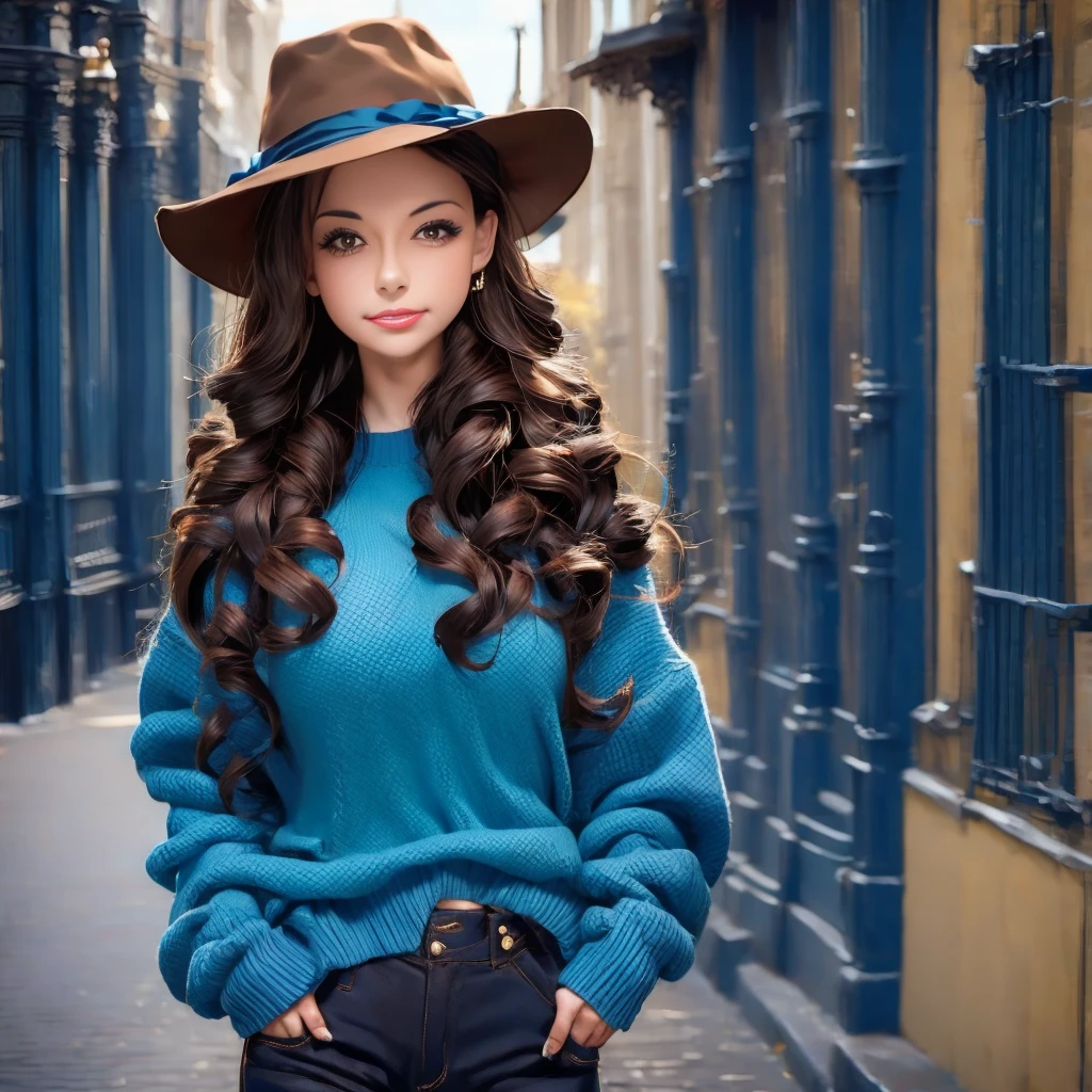 arafed woman in a hat and blue sweater with a brown bow