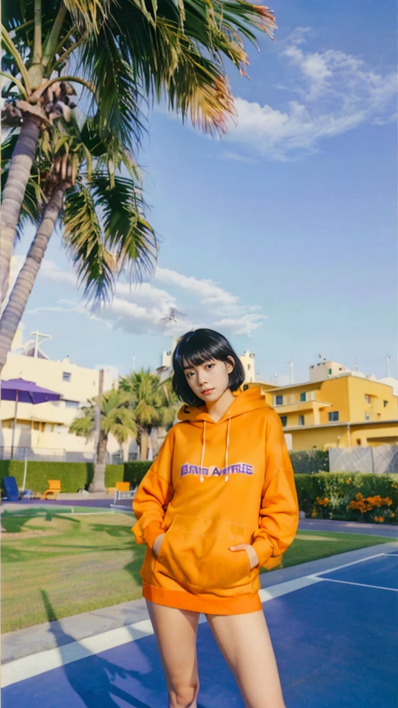 Best Quality,Masterpiece,Ultra High Resolution,(Realisticity:1.4),Original Photo, 1Girl,1 girl, wear ((orange color oversized hoodie)), (purple tennis skirt), light leak,dark intens shadow,ultra high resolution,UHD,beautiful, black bob hair, almond eye, no makeup, in front of 80's architecture mondrian colorful motel, (realistic:1.2), (surreal:1.3), (very detailed:1.1), ((masterpiece)),summer, blue sky, (palm trees),sunny, los angles vibes,thick outline. blurry photo. color slide film. 1958