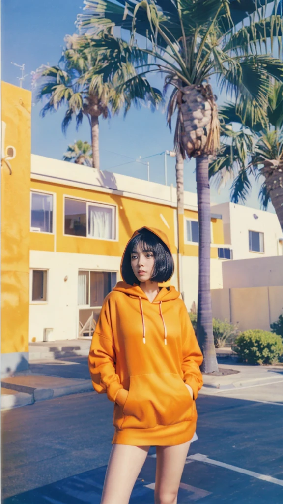 Best Quality,Masterpiece,Ultra High Resolution,(Realisticity:1.4),Original Photo, 1Girl,1 girl, wear ((orange color oversized hoodie)), (purple tennis skirt), light leak,dark intens shadow,ultra high resolution,UHD,beautiful, black bob hair, almond eye, no makeup, in front of 80's architecture mondrian colorful motel, (realistic:1.2), (surreal:1.3), (very detailed:1.1), ((masterpiece)),summer, blue sky, (palm trees),sunny, los angles vibes,thick outline. blurry photo. color slide film. 1958