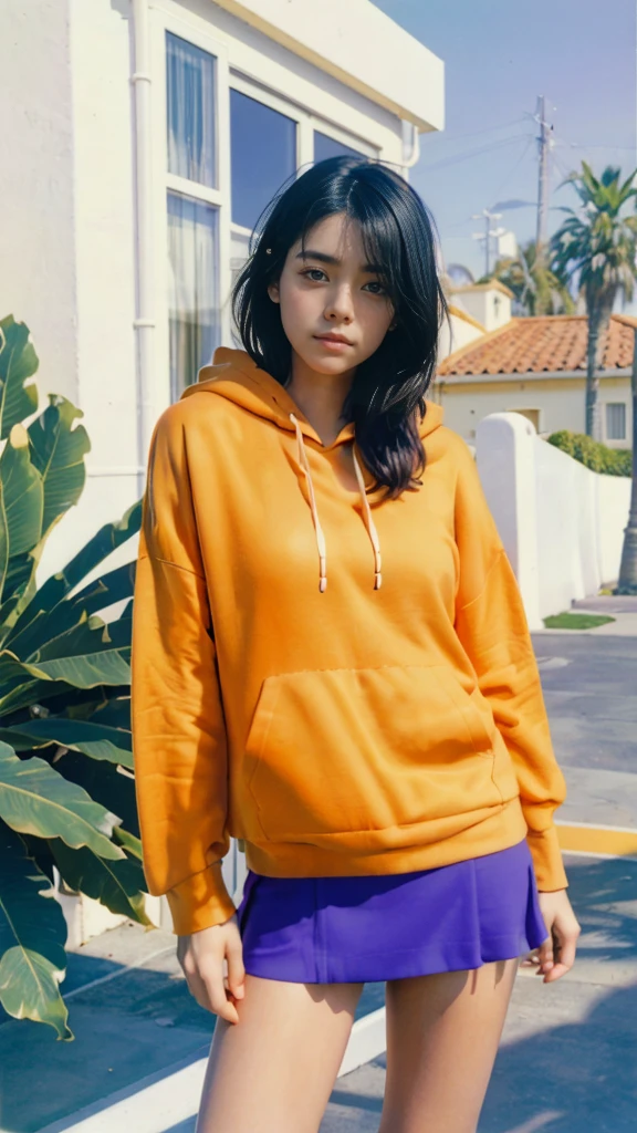 Best Quality,Masterpiece,Ultra High Resolution,(Realisticity:1.4),Original Photo, 1Girl,1 girl, wear ((orange color oversized hoodie)), (purple tennis skirt), light leak,dark intens shadow,ultra high resolution,UHD,beautiful, black bob hair, almond eye, no makeup, in front of 80's architecture mondrian colorful motel, (realistic:1.2), (surreal:1.3), (very detailed:1.1), ((masterpiece)),summer, blue sky, (palm trees),sunny, los angles vibes,thick outline. blurry photo. color slide film. 1958