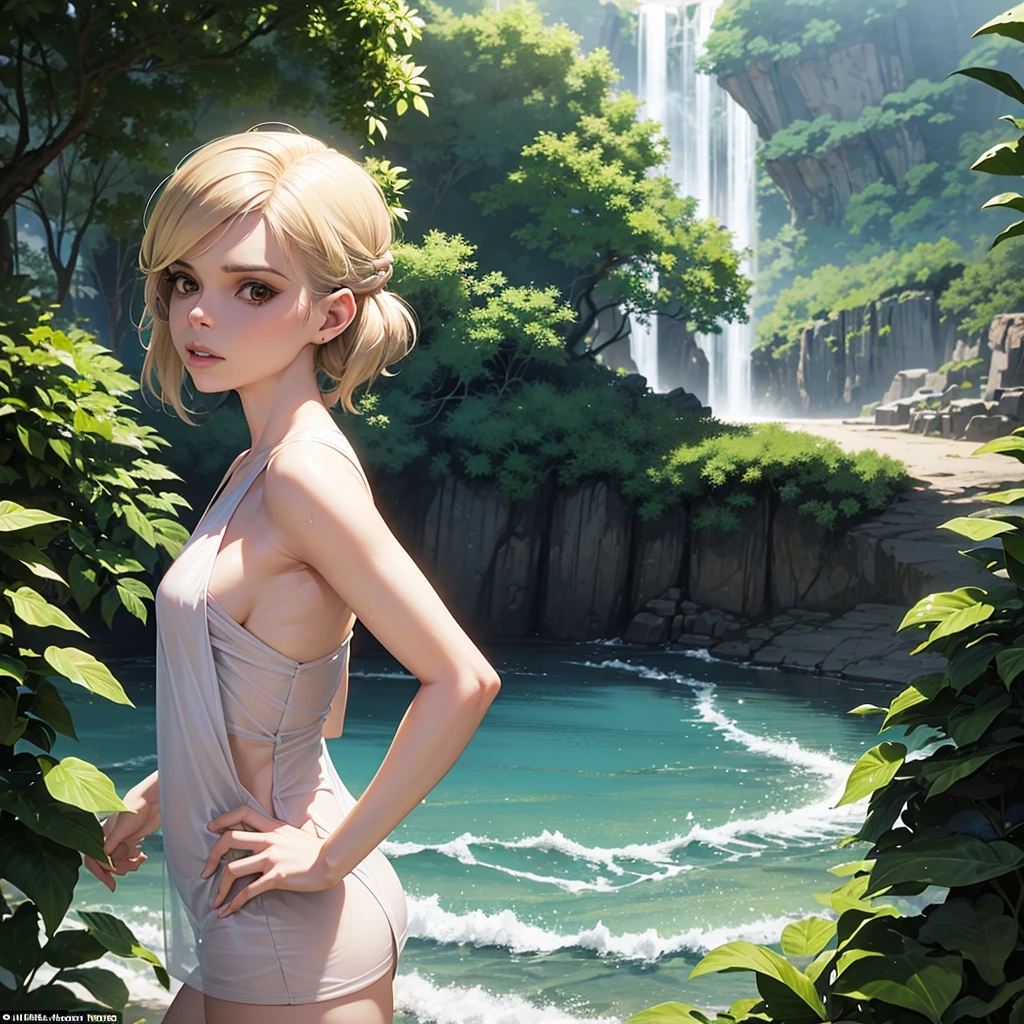 Kate Mara (age 25), is a jedi (dressed appropriate t the scene). She is on an alien jungle world and has stopped to shower under a waterfall. Separated from her robe wearing only a small sheer white under garment, she calls her lightsaber from the shore and assumes a fighting stance as she senses danger