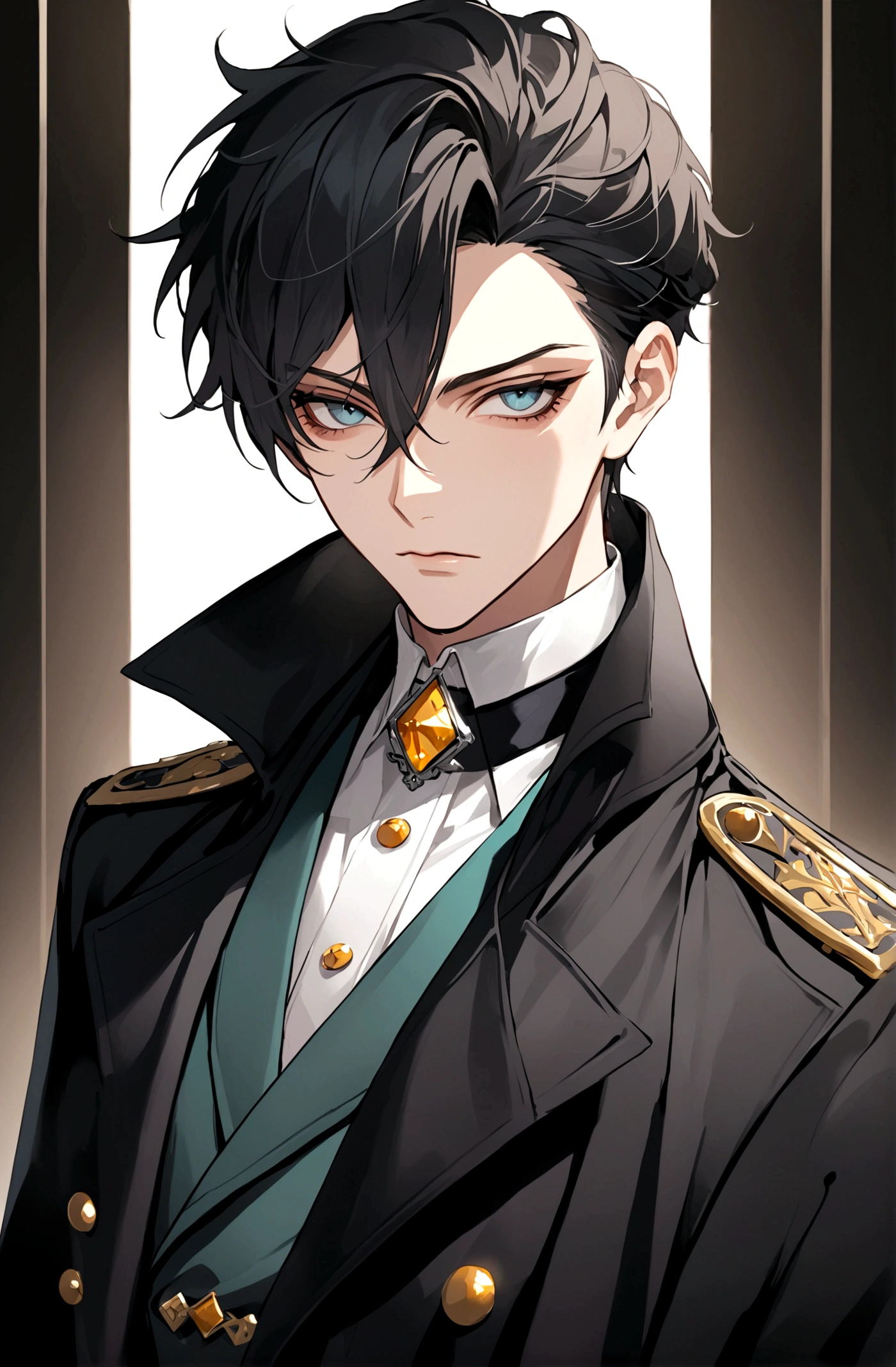 Poker face,Exquisite facial features,Young male，Black trench coat