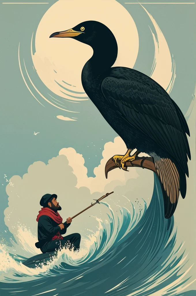 Cormorant fisherman,cute,An illustration