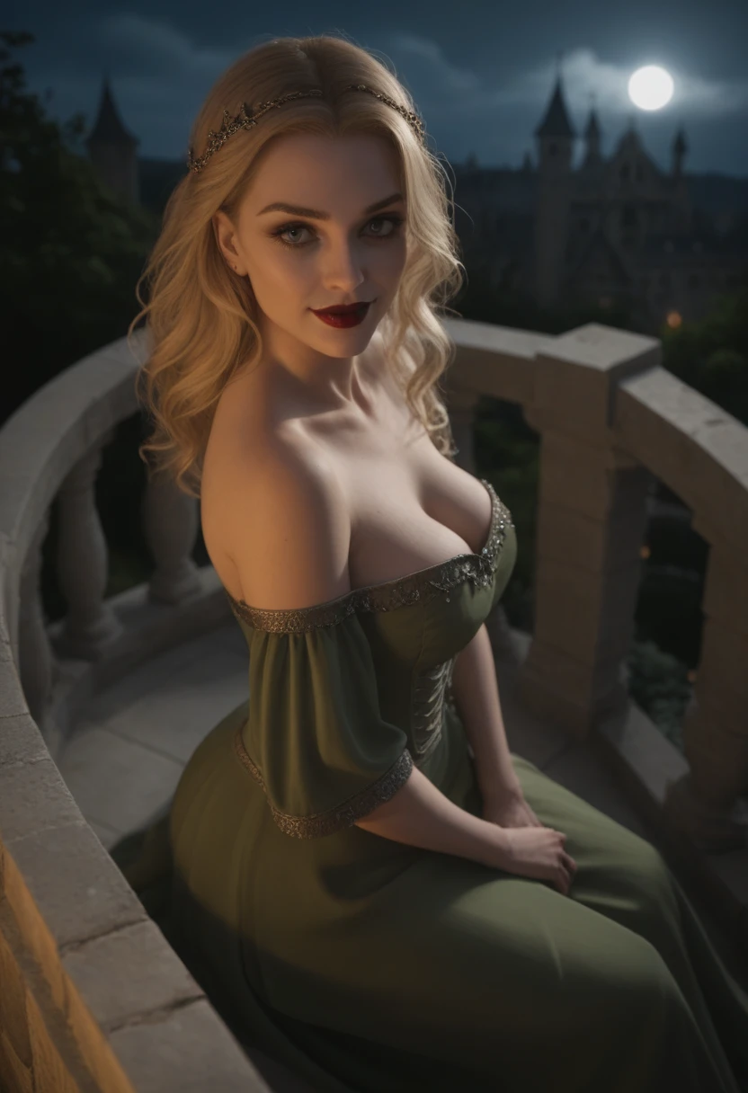 score_9, score_8_above, score_7_above, 1girl, large_breasts, royal_garden, medieval_castle, elegant_green_dress, off_shoulder_dress, evil_smile, cute_woman, blonde, long_hair, side view, from_above, night, moonlight, cinematic film still, RAW photo, perfect lighting, volumetric lighting, Galadriel, stuning, goddess, (vampire:1.5), blue_eyes