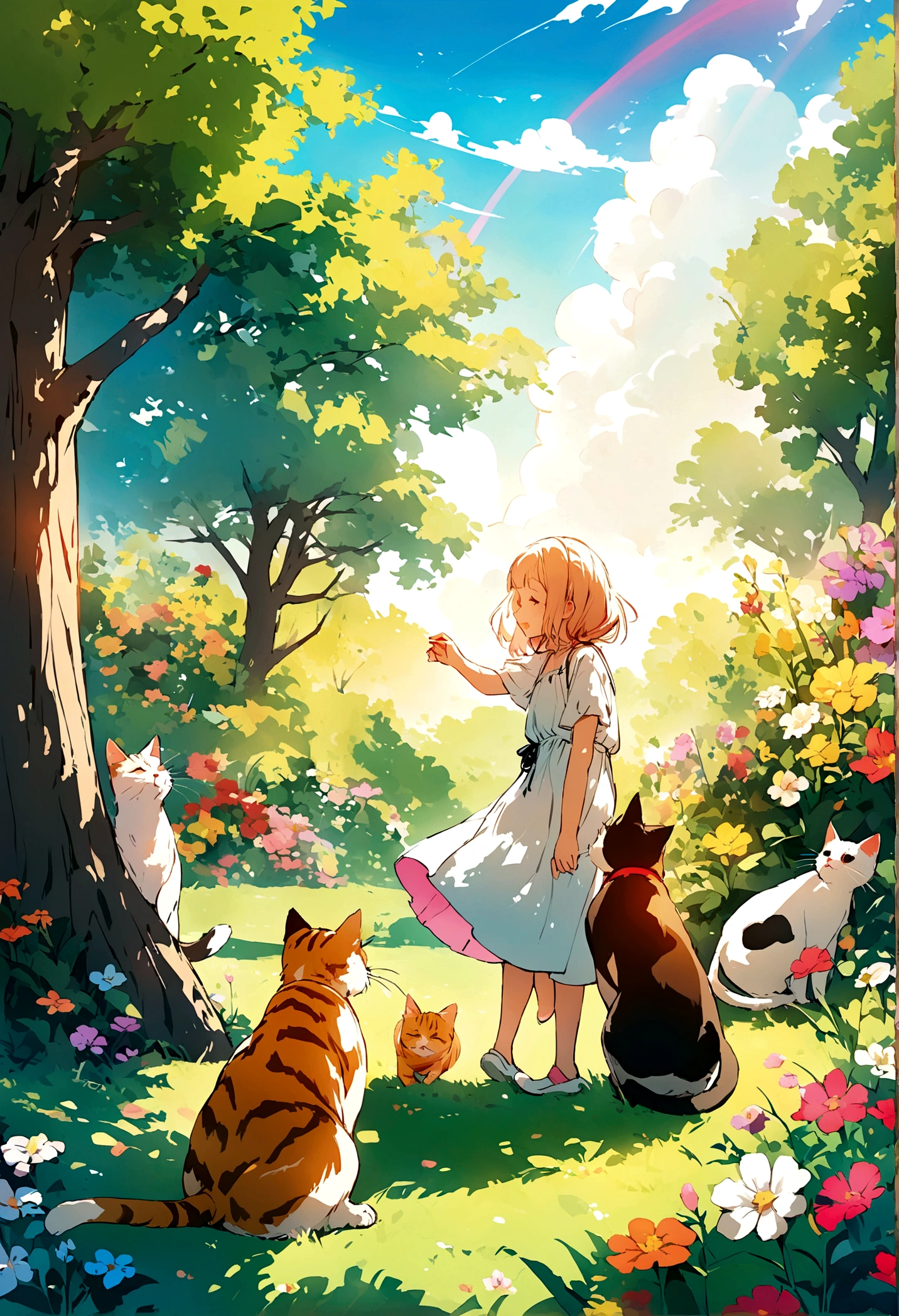 Create images of cats playing on a summer afternoon in the countryside