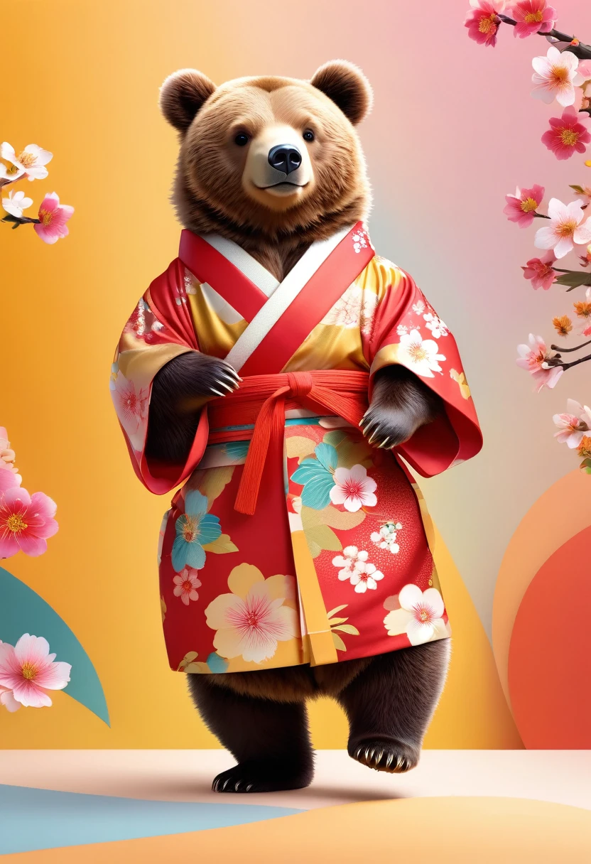 (Highest quality,Ultra-detailed,Realistic:1.37),Wearing a Japanese kimono、A full-body bear,cute,Dancing、Fine grain,Coloring,Beautiful clothes、Athletic Bear,Playful expressions,Japanese Background,Friendly bear,Soft Hair,Foreshortened perspective.Bright colors, vector