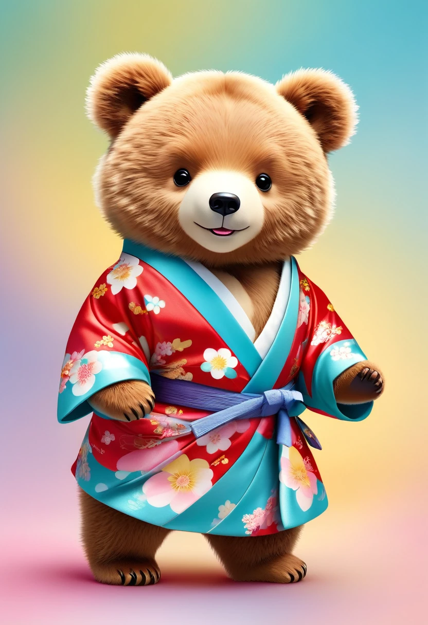 (Highest quality,Ultra-detailed,Realistic:1.37),Wearing a Japanese kimono、A full-body bear,cute,Dancing、Fine grain,Coloring,Beautiful clothes、Athletic Bear,Playful expressions,Japanese Background,Friendly bear,Soft Hair,Foreshortened perspective.Bright colors, vector