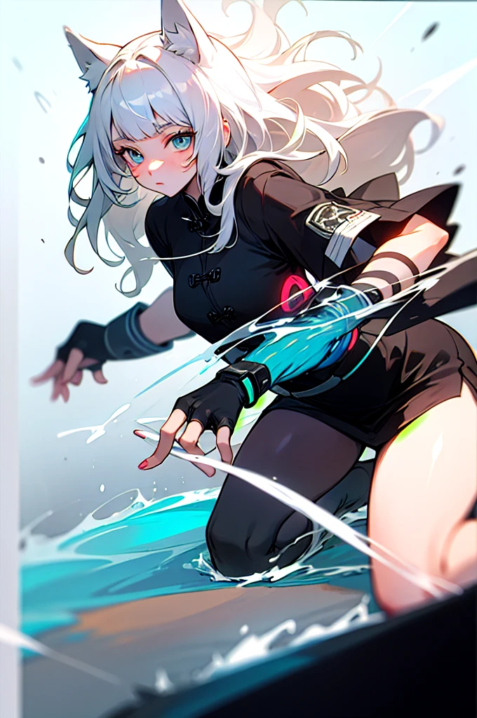 Wolf girl, light white hair, ocean eyes, black dress futuristic whit detailsdetails in white, vivid colors, paint splash, simple background, ray tracing, wavy hair with Chinese bangs, fingerless gloves, black leg warmers