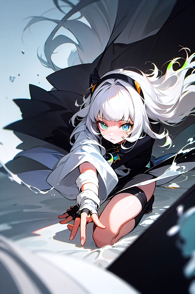 Wolf girl, light white hair, ocean eyes, black dress futuristic whit detailsdetails in white, vivid colors, paint splash, simple background, ray tracing, wavy hair with Chinese bangs, fingerless gloves, black leg warmers