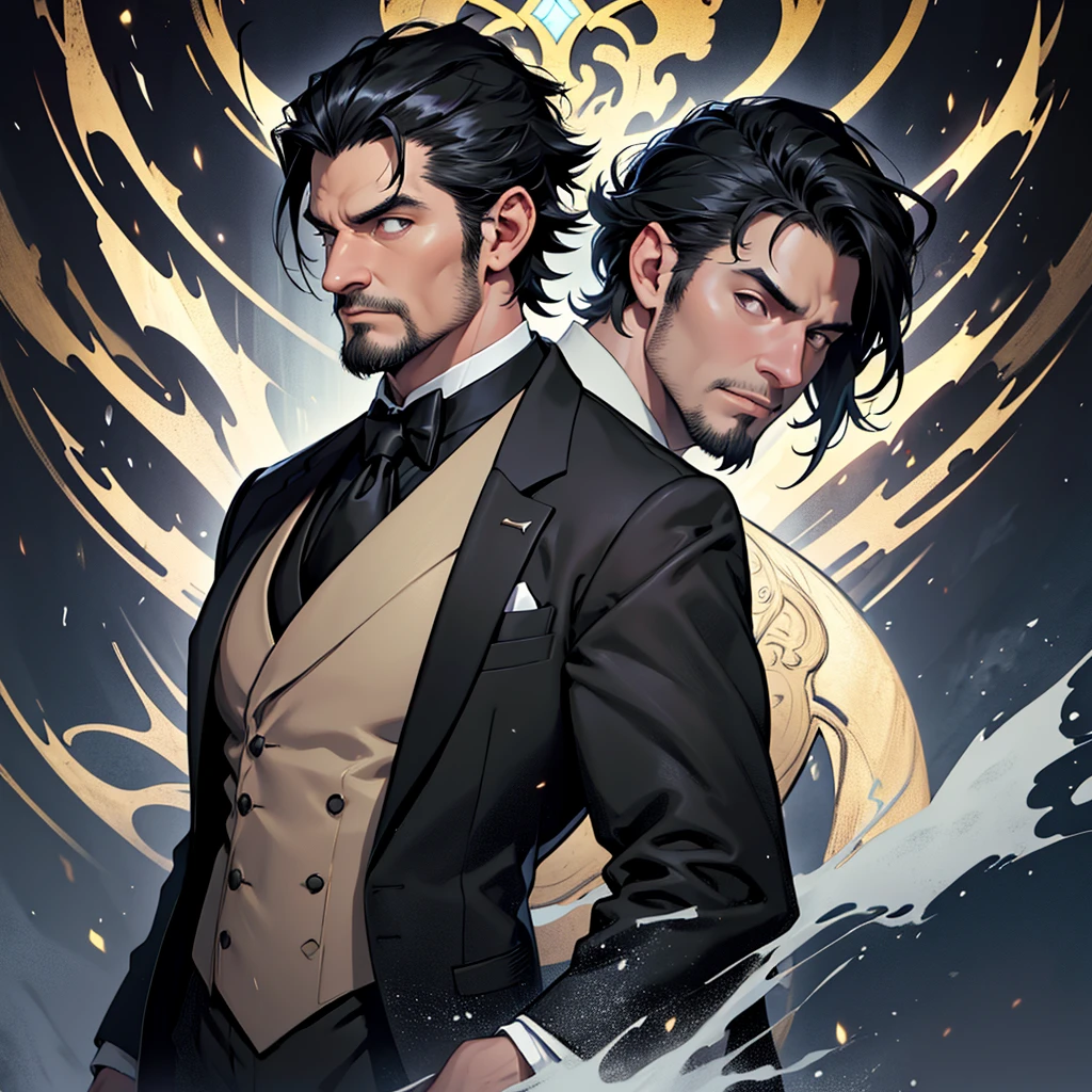 A 45 year old man, black hair, two gray horns, muscular, large, tall man, medieval period, wearing a suit, black suit, tuxedo, wearing a black tuxedo, medieval background, Ultra HD 4k, 4k, Ultra HD