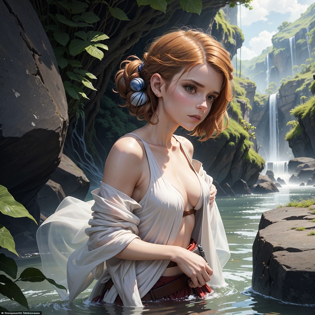Kate Mara (age 25), is a jedi (dressed appropriate t the scene). She is on an alien jungle world and has stopped to shower under a waterfall. Separated from her robe wearing only a small sheer white under garment, she calls her lightsaber from the shore and assumes a fighting stance as she senses danger