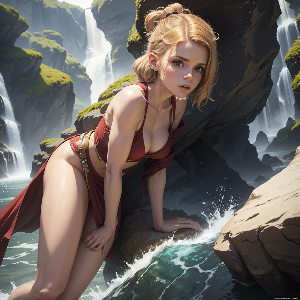 Kate Mara (age 25), is a jedi (dressed appropriate t the scene). She is on an alien jungle world and has stopped to shower under a waterfall. Separated from her robe wearing only a small sheer white under garment, she calls her lightsaber from the shore and assumes a fighting stance as she senses danger