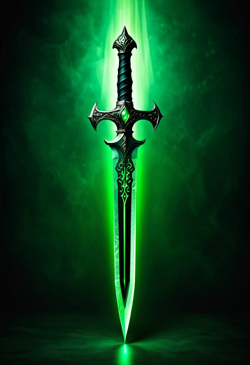 Magic dagger, green glow, black handle, sinister, fantasy background, professional lighting