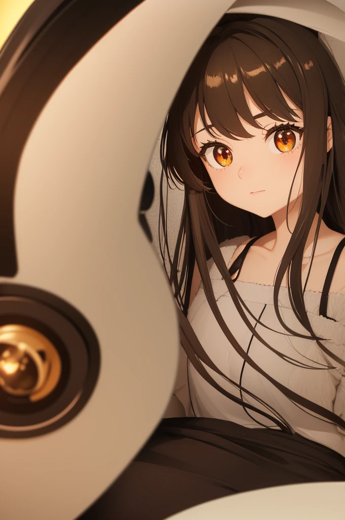  crisp quality, close up portrait, of fluffy tailed girl, in a bedroom room, long brown hair, look at a camera, glowing eyes, age 20, cinematic, bright colors, 