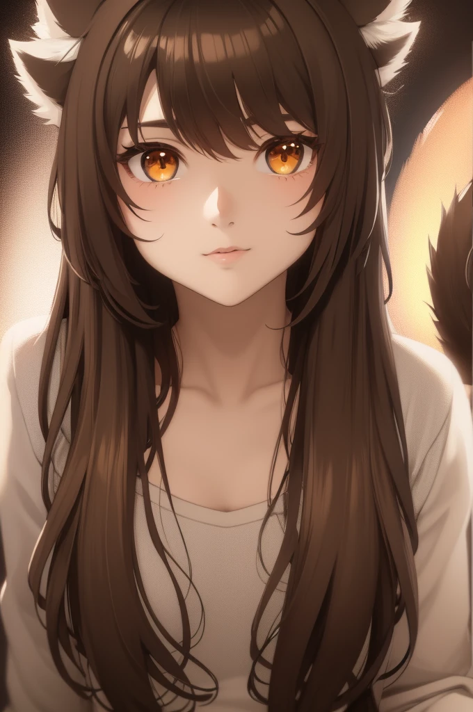 crisp quality, close up portrait, of fluffy tailed girl, in a bedroom room, long brown hair, look at a camera, glowing eyes, age 20, cinematic, bright colors,