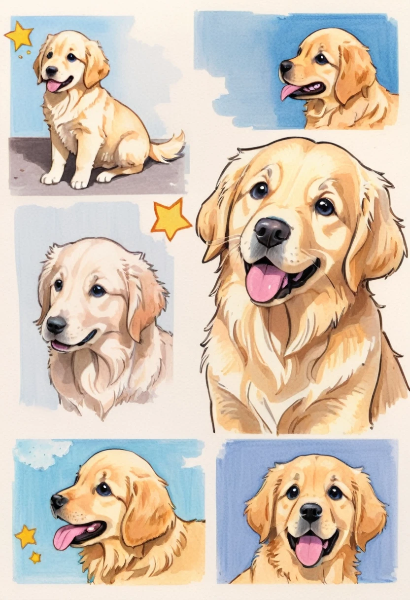 Golden Retriever Puppy，White，Art，，Colored pencil sketch，sketch ，Comic Collage