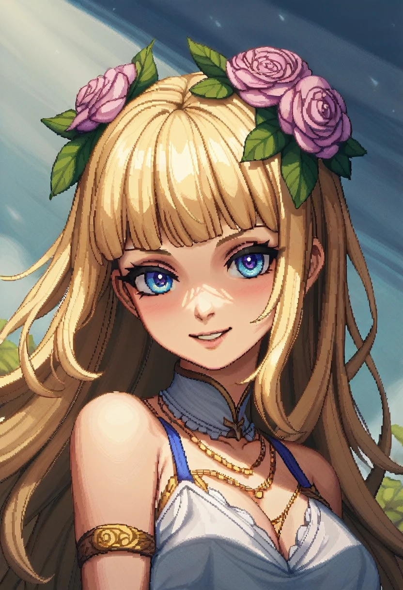 Pale light blue antique dress、Beige long-haired girl、Blunt bangs、profile、Pixel art、pixelアートイラスト、pixel、Plain background、Upper Body 、For icons、pixel画集,Composition centered on face、A calm face、Holding flowers、Flower Hair Ornaments、pixel、Game-style illustrations、Pixel art、pixel、Light Shading、Fluttering Hair、Back hair fluttering in the wind、pixel、Pixel art