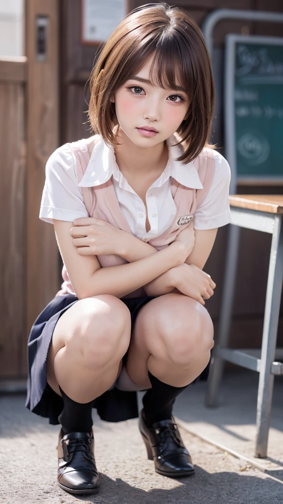 (Showing off panties:1.2), (Professional portrait, Realistic and perfectly shaped subjects:1.3), (masterpiece, highest quality:1.2), (Realistic, Ultra-realistic, Realistic:1.3), (ultra High resolution), High resolution, Intricate details, Super detailed, (Highly detailed CG, unity 8k wallpaper:1.3), Clear image,
break
(1 Japanese girl, ), (cute, Slender figure), (Perfect Anatomy, Correct limbs:1.2), (Perfect hands), Perfect Arms, Beautiful and delicate face down to the last detail, Beautiful and delicate eye and eye highlights, (Very thin and delicate、not too long lashes), (Captivating eyes, Beautifully detailed eyes and face), light makeup, Pink Lip, Lip gloss, Stylish face, (Shiny skin, Realistic skin detail), Brown bob Hair, (Plump breast:1.2),
break
((school uniform)), (High school girl), (Black socks), shirt open
break
office, squatting, (Cowboy Shot), break
(((blush:1.4))), ((Embarrassing:1.4)), (((shy:1.5)))
break
from below
break