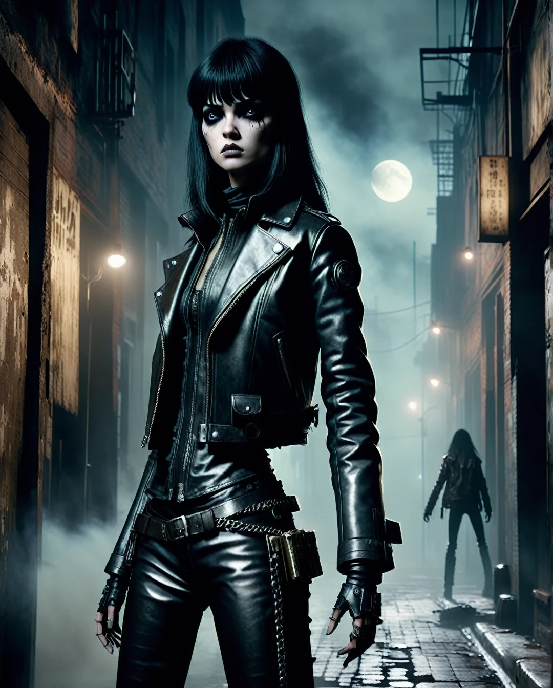 in style of Ashley Wood,in style of stephen gamel ,
Masterpiece, photorealistic, highly detailed, a young woman with smooth  dark long black hair with bangs and black eyes and black lips, wearing leather jacket and leather pants, standing, looking at camera, in a gloomy smoke filled alley at night with a full moon