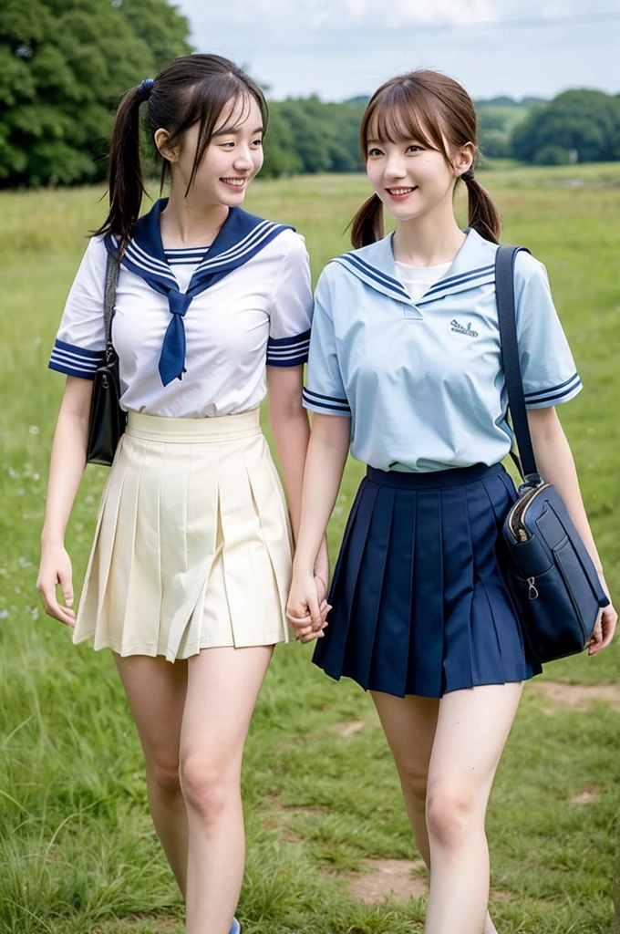 2 girls walking in rural field,cumulonimbus cloud in summer blue sky,white sailor shirt,navy blue pleated skirt,student bag,18-year-old,bangs,a little smile,thighs,knees,wet short hair with low pigtails bunches,from beside,front light