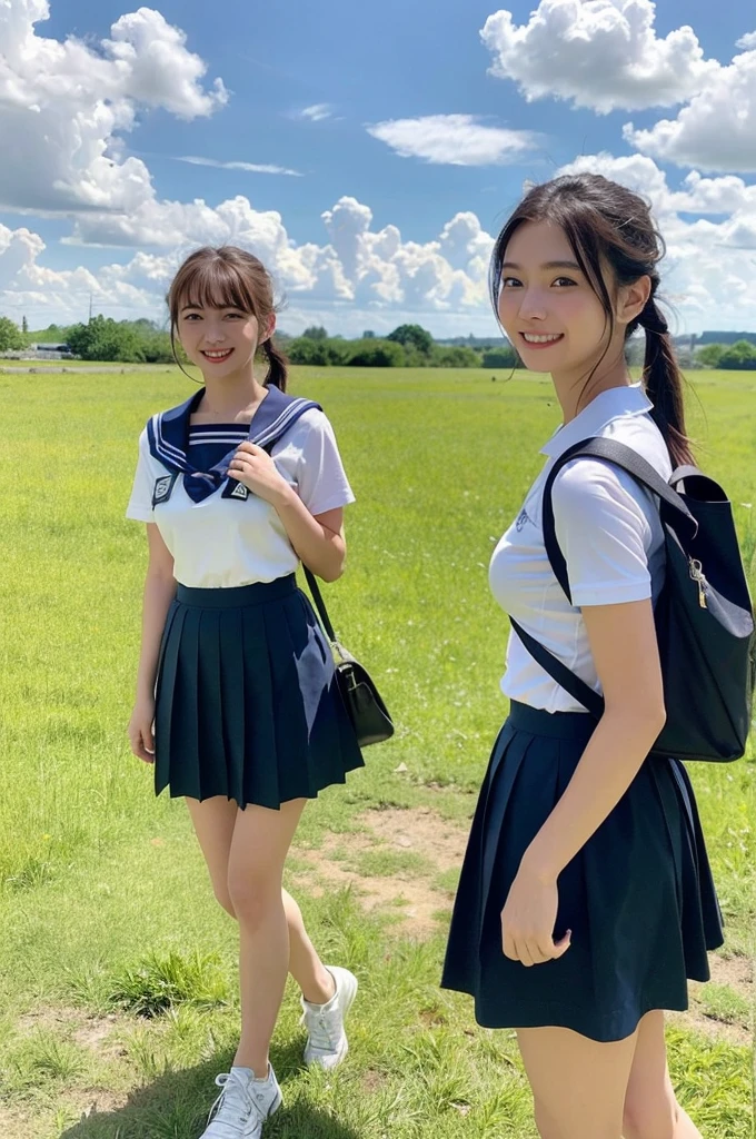 2 girls walking in rural field,cumulonimbus cloud in summer blue sky,white sailor shirt,navy blue pleated skirt,student bag,18-year-old,bangs,a little smile,thighs,knees,wet short hair with low pigtails bunches,from beside,front light