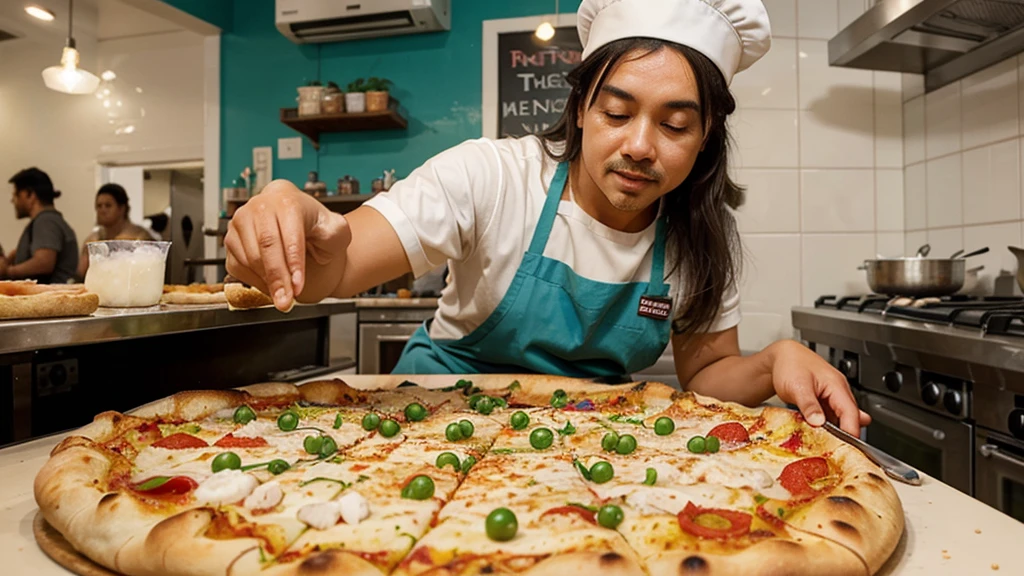 a dugong chef Sprinkle salt, similar to Salt Bae action, mouthwatering pizza in the pizza shop, puffy crust