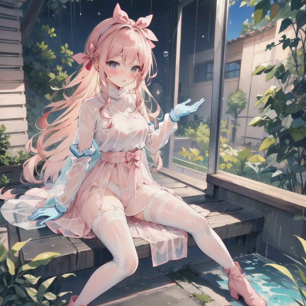 Full body depiction on screen,　Glaring Eyes　Showing disgust　Blonde Long Hair　anime　Romanesque style　 Super Curly Hair　Super long sideburns　Wet and transparent salmon pink turtleneck wedding dress　cuteポージング　Pool at night　Droopy eyes　Ribbon headband　天蓋付きのcuteベッド　Aqua Blue Rubber Sheets　Aqua Blue Rubber Bed　Sitting　Sad face　Embarrassing　Blushing　Wet and see-through salmon pink berry long skirt　Wet and see-through salmon pink tights　Wet and see-through salmon pink underwear　Metal luster　Chest mesh　Multiple ribbons　Soaked in the rain　Wet and see-through salmon pink super long gloves　Wet and see-through salmon pink pantyhose　Wet and transparent shocking pink garter belt　cute　Pitiful　clear　Big eyes　Droopy eyes　Pale pink rouge　Shocking Pink Pink Long Boots　Wet and see-through salmon pink bodysuit