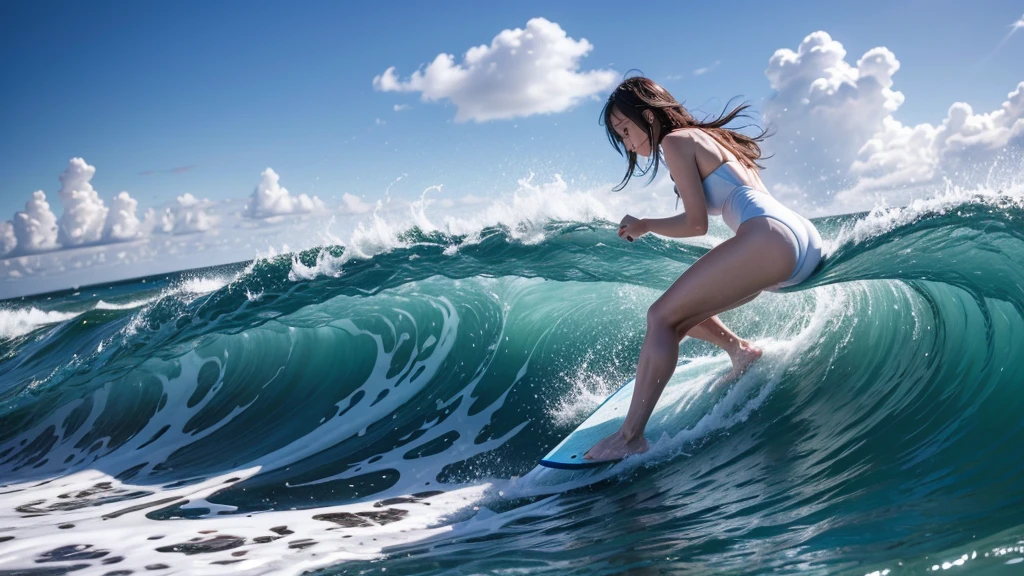 Blue ocean waves、White beach、A woman in a white swimsuit is surfing