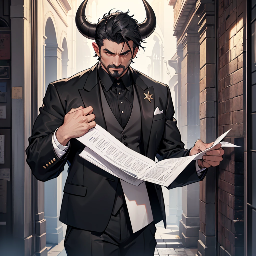 A 45 year old man, black hair, gray horn, bull horns, muscular, large, tall man, medieval period, wearing a suit, black suit, tuxedo, wearing a black tuxedo, medieval background, Ultra HD 4k, 4k, UltraHD