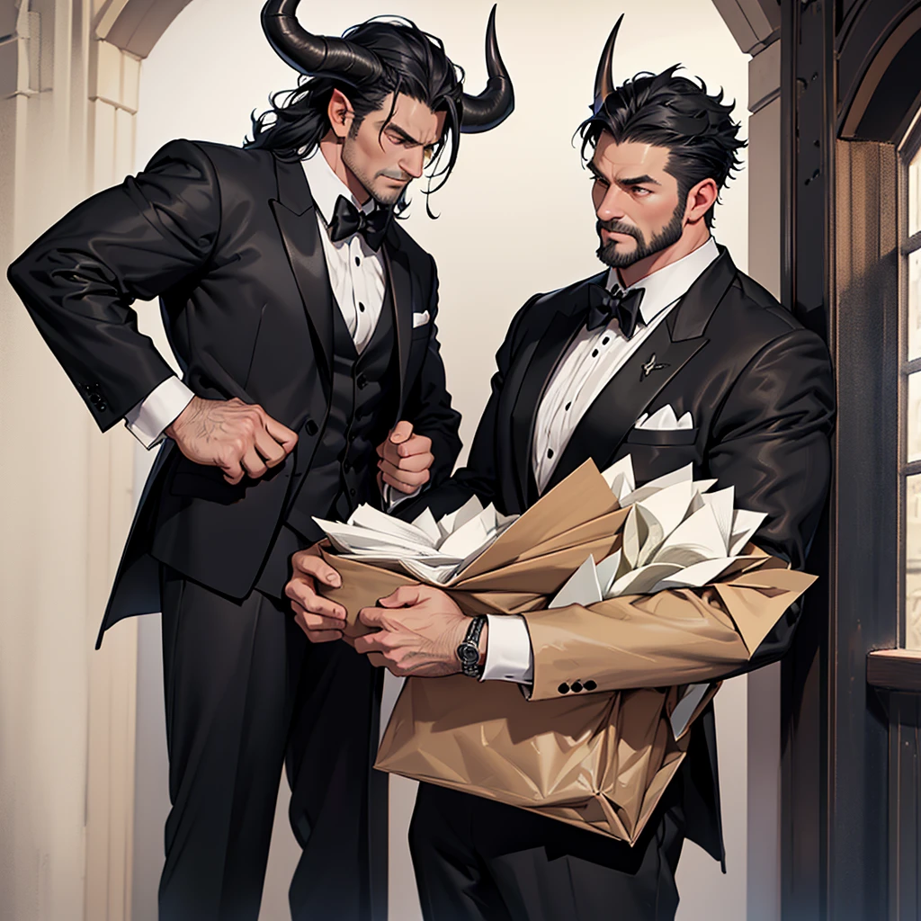 A 45 year old man, black hair, gray horn, bull horns, muscular, large, tall man, medieval period, wearing a suit, black suit, tuxedo, wearing a black tuxedo, medieval background, Ultra HD 4k, 4k, UltraHD