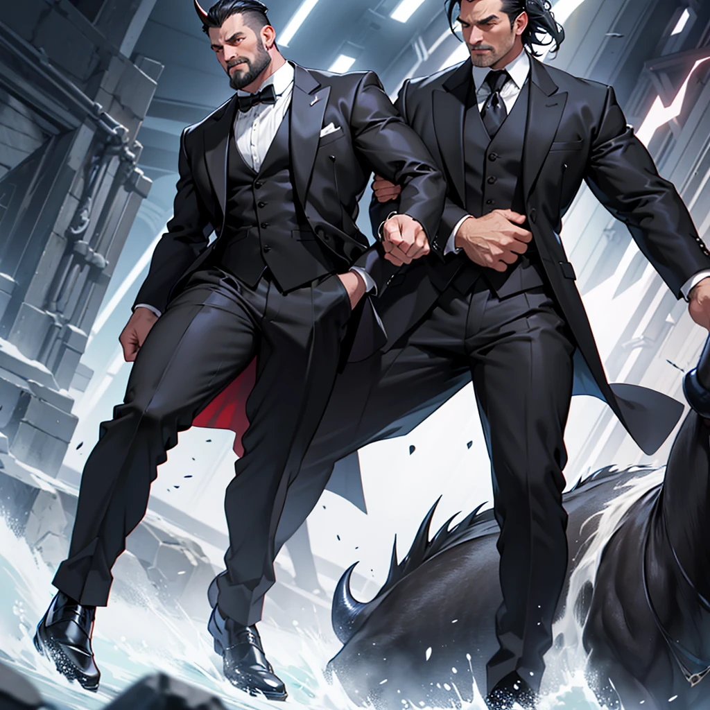 A 45 year old man, black hair, gray horn, bull horns, muscular, large, tall man, medieval period, wearing a suit, black suit, tuxedo, wearing a black tuxedo, medieval background, Ultra HD 4k, 4k, UltraHD