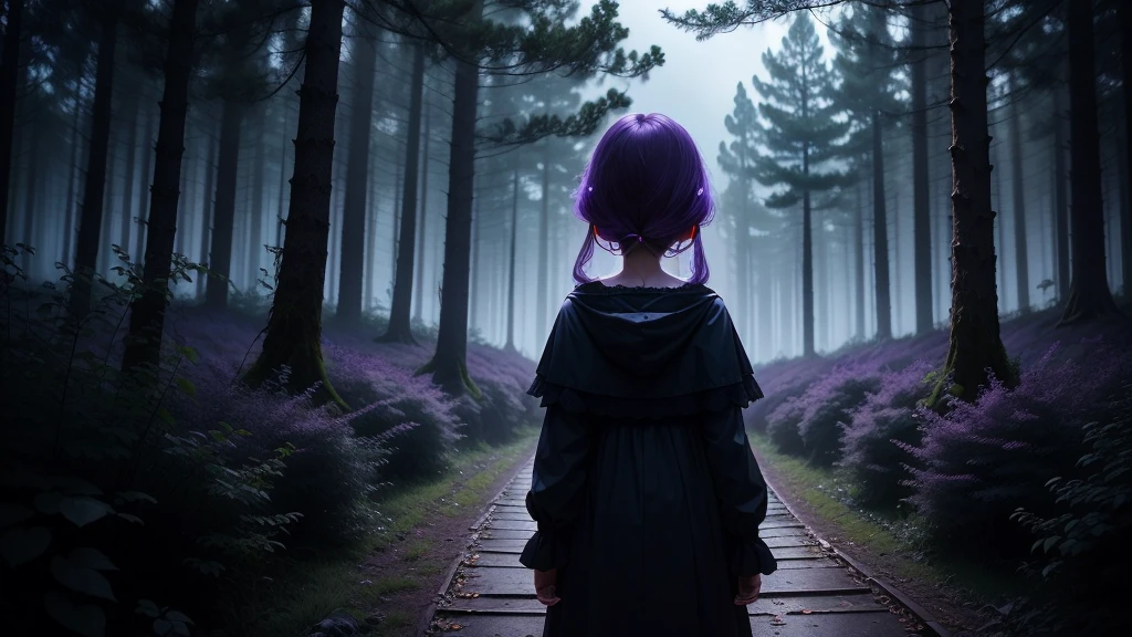 Night Forest,Mysterious and spooky,alchemy,Back view of a little girl,sky purple atmosphere,