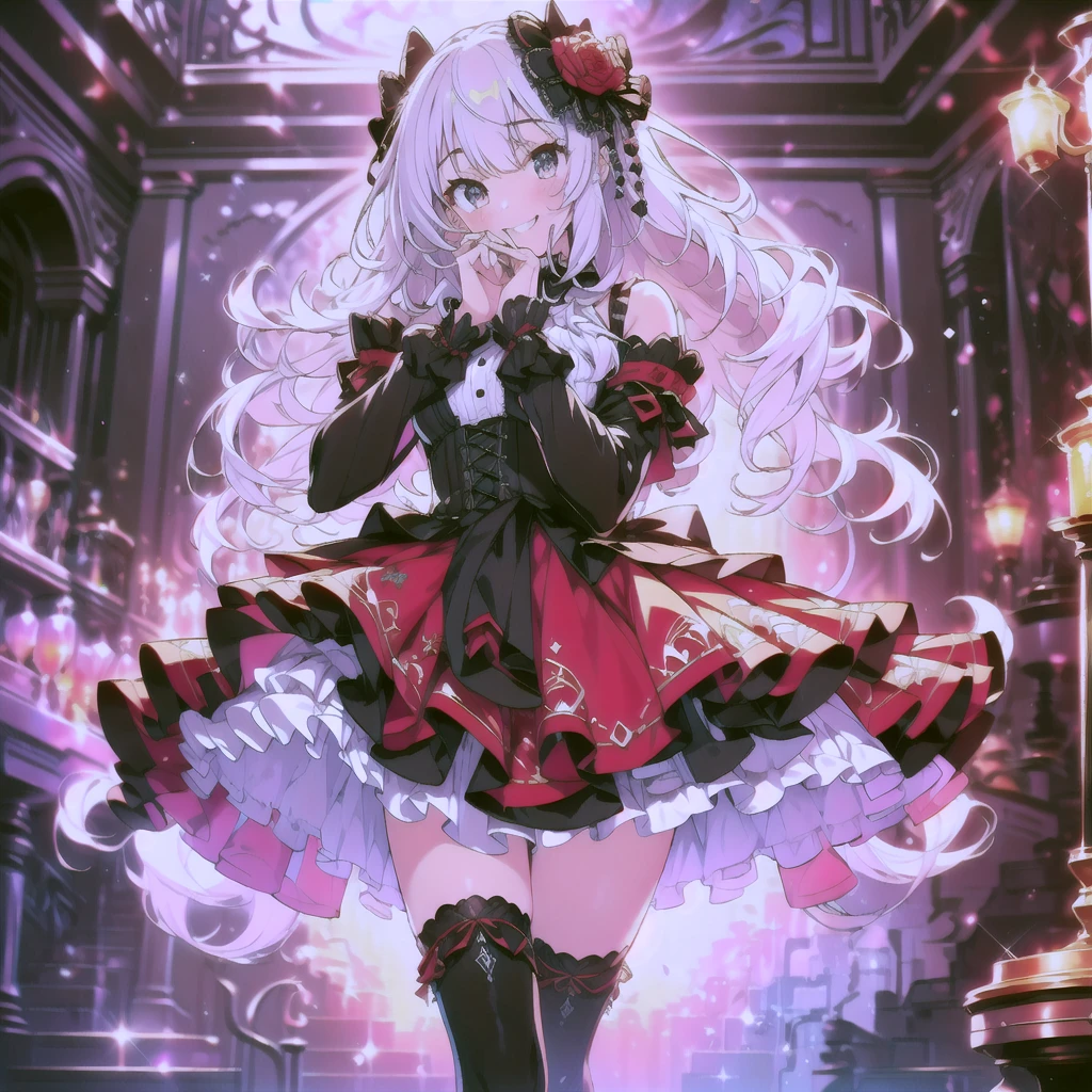 score_9, score_8_superior, score_7_superior, sauce_anime,masterpiece, Highest quality, High resolution, Highly detailed CG, Absurd, One girl, alone, Cool girl in gothic ta outfit posing in palace, mini skirt, Frills, 黒 and red outfit,((smile), Put your hands on your face, Spread your hands, Spread your legs, Standing on the floor, ruby👁️🗨️,white_hair, ((two_side_superior)), background, dark_background, Black Palace, Midnight, indoor, (extremely detailed background:1.6), Details 1, Bright colors