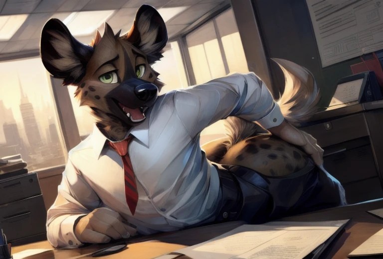 haida, hyena, nuzzle, male, spotted hyena, hyena boy, yellowish green eyes, fangs, spots, spotted body, white canine tail, white hands, white fingers, cheek tufts, neck short tufts, fur, lean, (wearing office outfit/ white shirt and red tie), by Bayard Wu, by Thomas Benjamin Kennington , (by Einshelm), solo, (sketch lines, colored sketch), volumetric lighting, dynamic light, full body, intricate details, absurd res, 8k, the best quality, the best resolution, masterpiece, beautiful composition, absurd res, needy eyes, submissive, excited, office setting, desk, documents and files, laying submissivley, arms holding butt, thick butt, plump butt, panting, butt crack,wall clock, city landscape, morning light, longing gaze, beer can,
