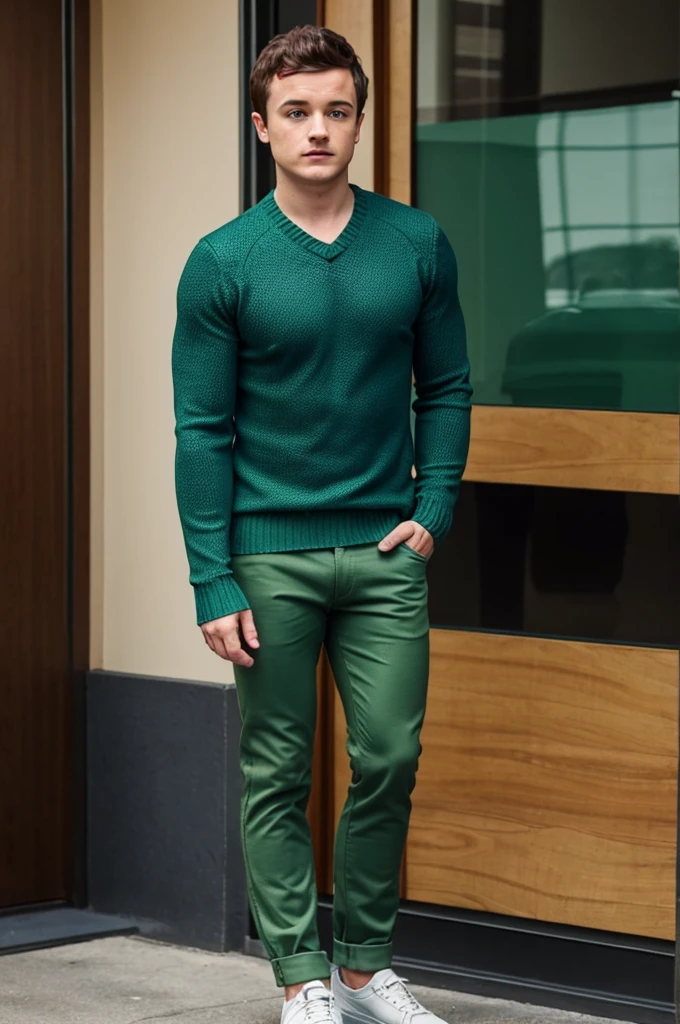 Man wearing green sweater, Blue pants, Josh Hutcherson, looking right, confuse full body