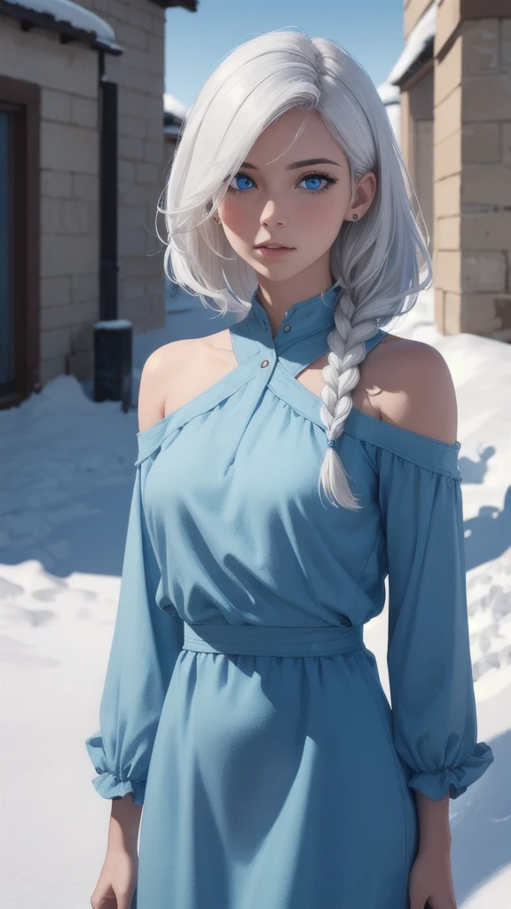 realistic,realism,photorealism,photo-realistic,high contrast,(photorealistic:1.2),8k high definition detailed realistic,(best quality, masterpiece:1.2),photon mapping,radiosity,physically-based rendering,best quality,highly detailed,1girl,felsa,white hair,blue eyes,single braid,hair over shoulder,full body,blue dress,snow,blue theme,