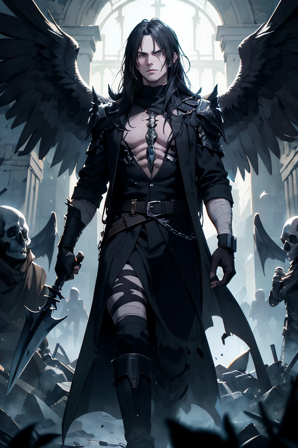 poor light, high resolution, (Masterpiece), hyperdetailed, battlefield, a dark and depressing dungeon, 1 adult male, long black hair, bright purple eyes, Long black tunic with many skull and death insignia, He has many bandages all over his body, very pale and serious expression, Angel of Death, carries a sickle in each hand, crossed hands, intimidating appearance, it doesn&#39;t have horns, wings that reach to the ground, falls, and gray, Lacks lighting, eye-only lighting.